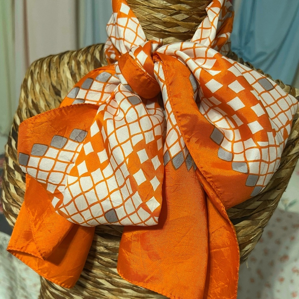 Orange And White Geometric Patterned Vintage Scarf - image 2